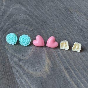 Floral & Heart Resin Stud Earrings Set of 3 - Mint Rose, Pink Heart, Cream Pansy